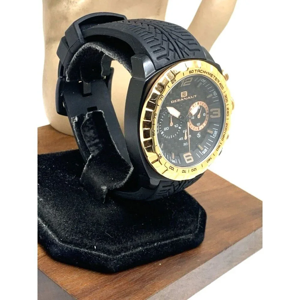 Oceanaut Men's Watch OC1121 Quartz Chronograph Gold Black Dial Rubber Band 47mm